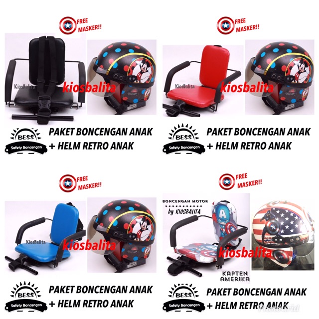 FREE MASKER!! PAKET KURSI BONCENGAN MOTOR ANAK + HELM RETRO ANAK