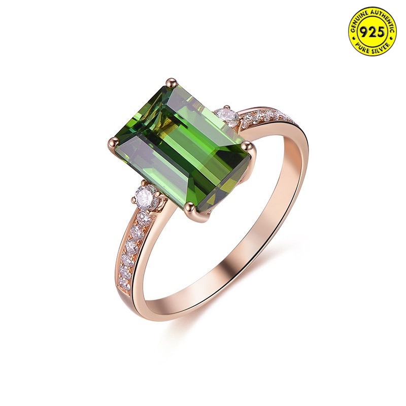 Rose Gold Green Tourmaline Ring Inlaid Emerald Colored Gems Open Ring for Women