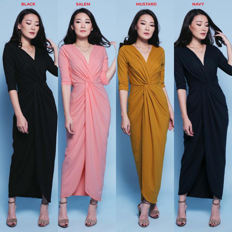 JANE COLLECTION || Maxi Slit Squishy Dress Pesta Wanita V Neck Hitam Maroon Mustard - Penelope Dress