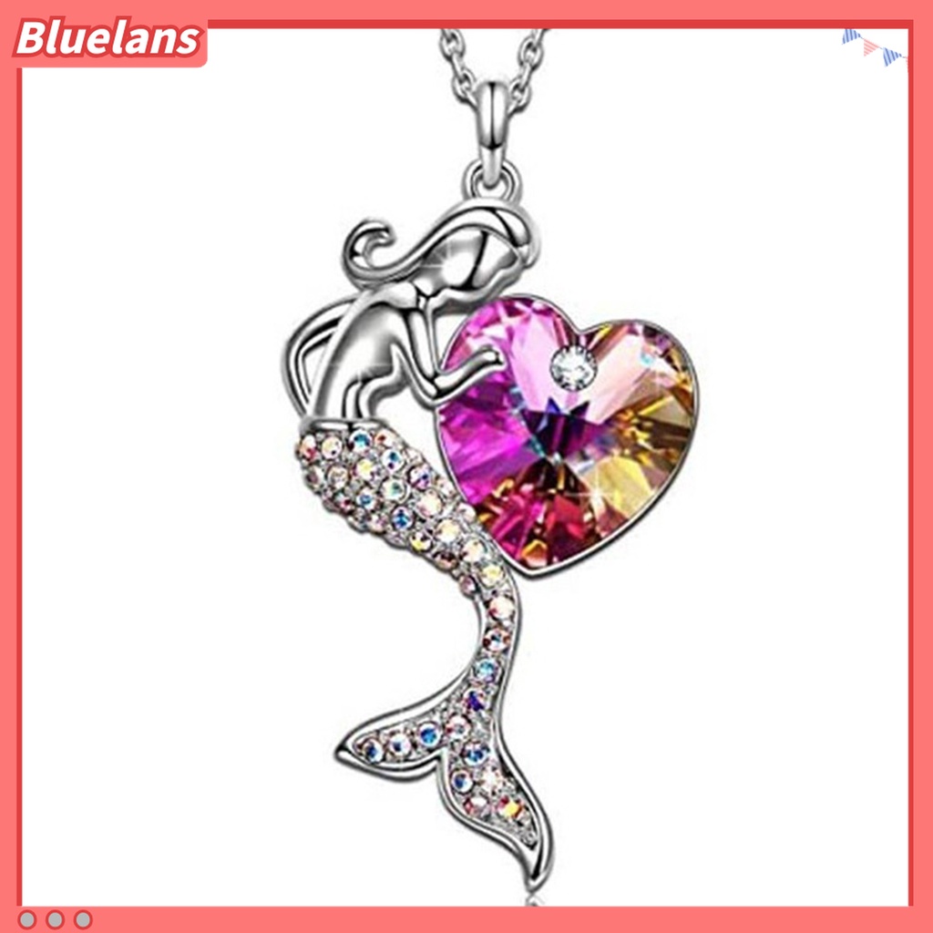 Kalung Klavikula Desain Hati Mermaid Aksen Kristal Tiruan Gaya Elegan Untuk Wanita