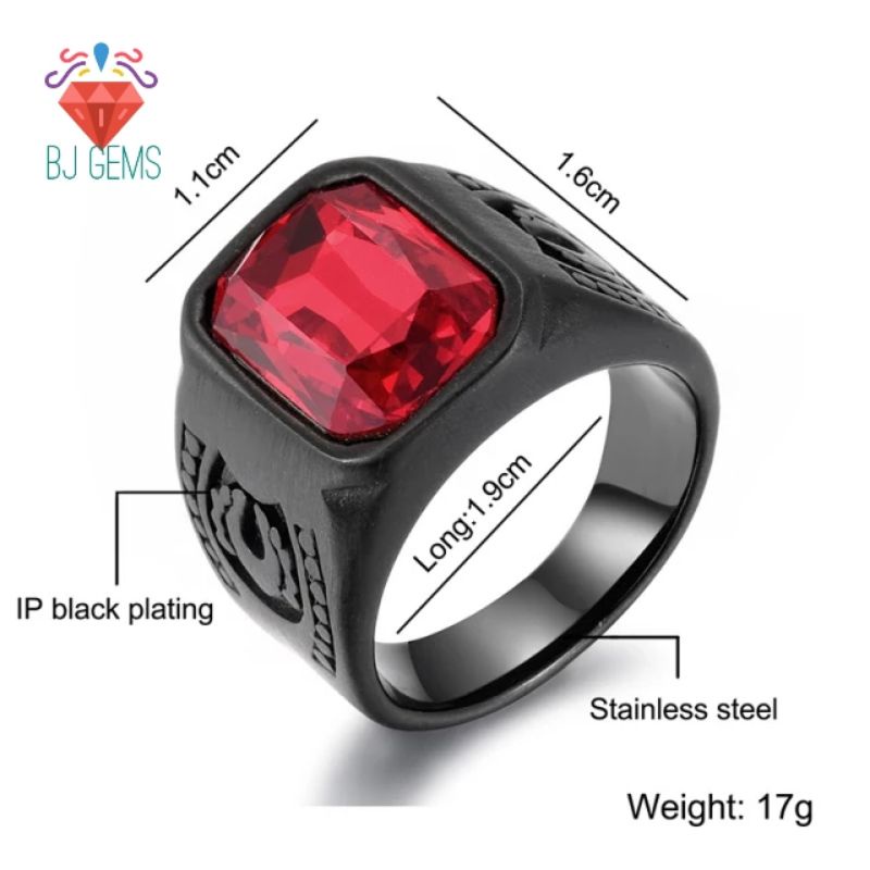 Cincin Original Black Titanium Steel Red Stone Glass Ruby Color