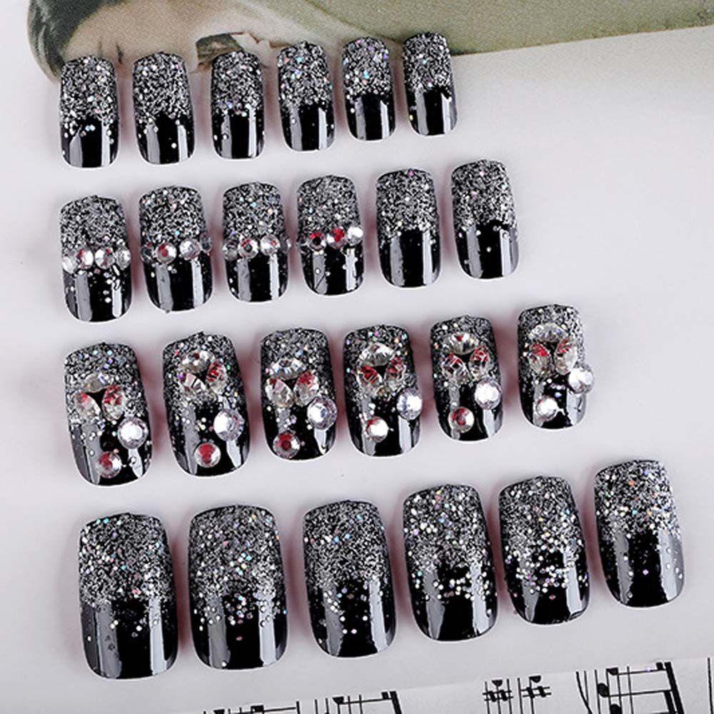 Mxbeauty Hitam Putih Kuku Palsu 24 Pcs/set Indah DIY Nail Art Manicure Charm Square Head Nail Extension