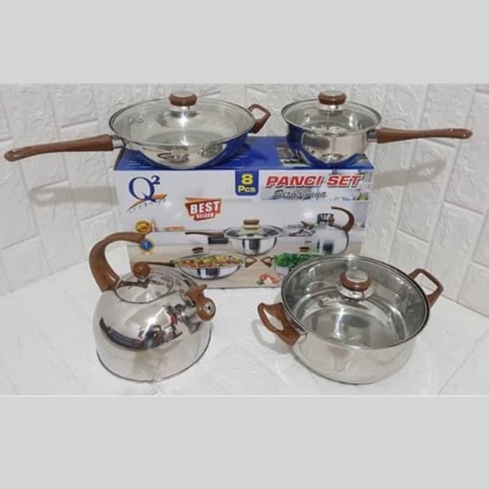 Panci Set Wajan Teko Q2 7208 Stainless Tutup Kaca