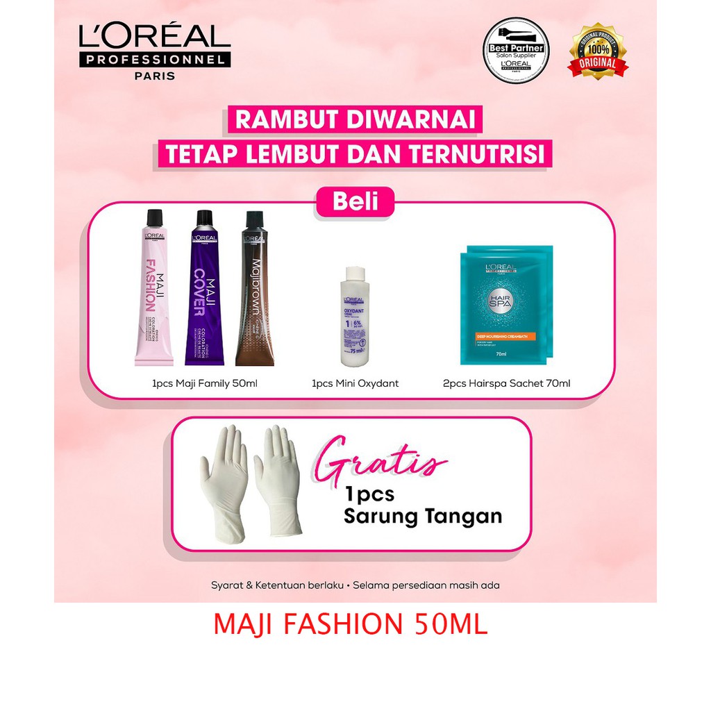 ❤️Bundling❤️ Loreal Majirel Maji Fashion 50ml + Oxydant 6% + 2xHair Spa Sachet Free Sarung Tgn Latex