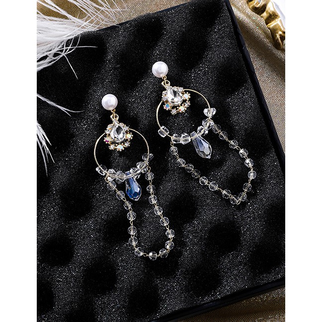 LRC Anting Tusuk Fashion Gold Pearl Ring Dripping Crystal Tassel Earrings F62467