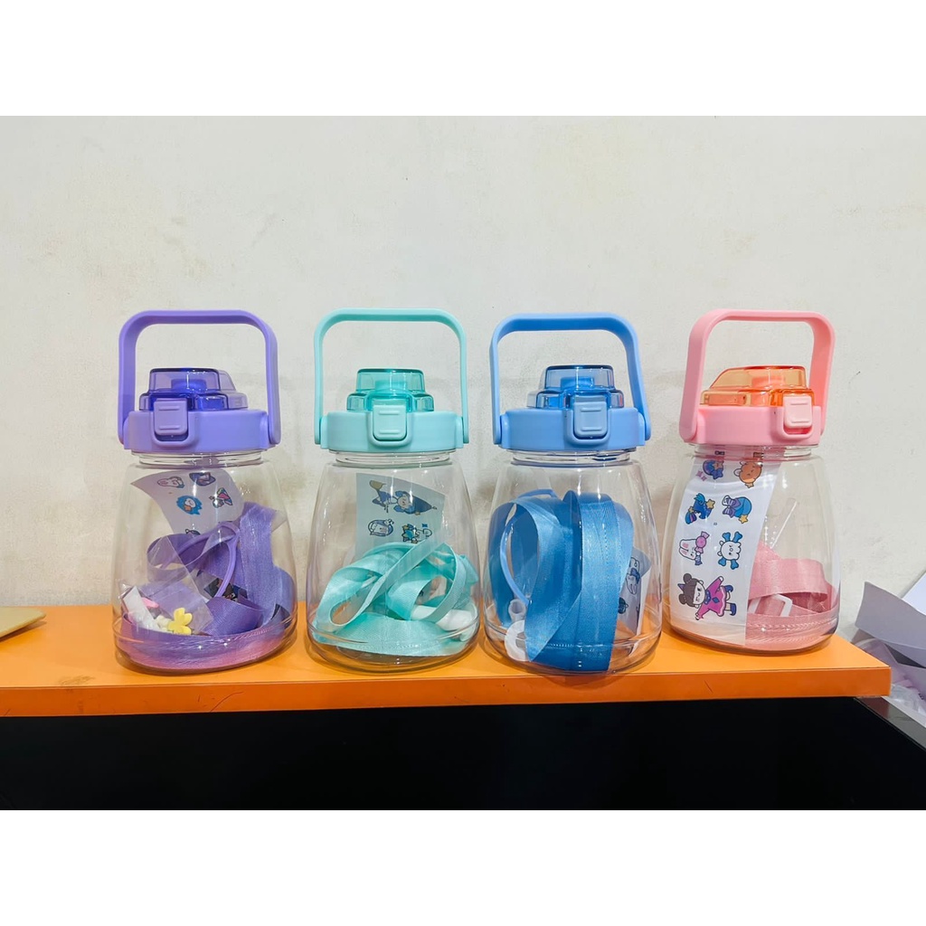 Botol Minum Polos 1L Stiker Lucu Tempat Minum Anak JUMBO Tali Sedotan + Sticker lucu