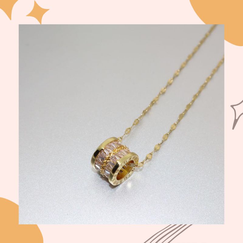 Kalung Diamond Berlian Bandul Bulat Mutiara Perhiasan Titanium Anti Karat Korea Import Lapis Emas