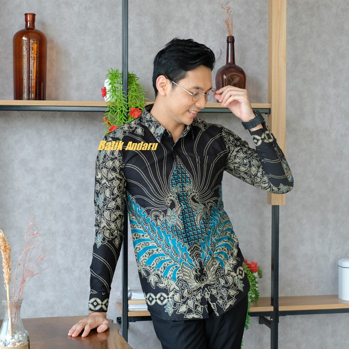 Kemeja Batik Pria Slim Fit Lengan Panjang Modern Heem Premium Bahan Katun Solo Warna Biru Hitam