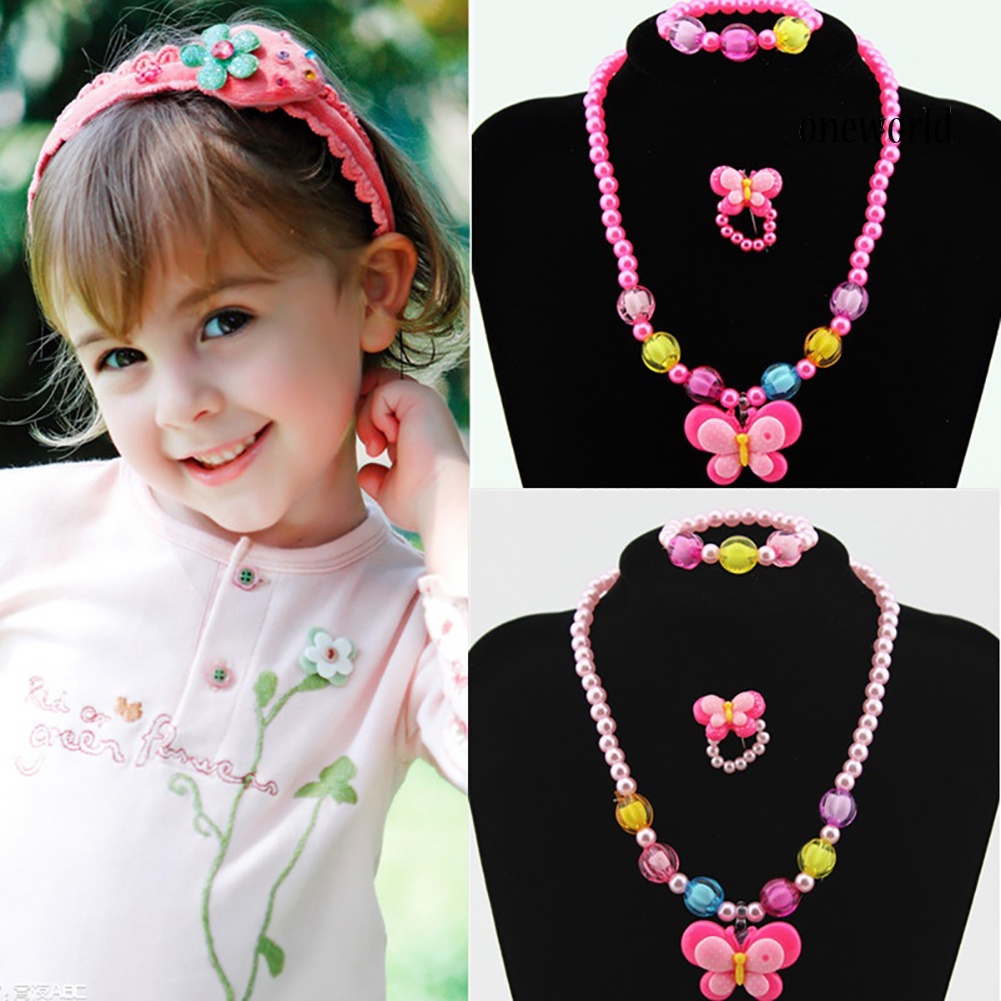 OW@ 3Pcs Girls Yellow Duck Butterfly Candy Bead Ring Necklace Bracelet Jewelry Set