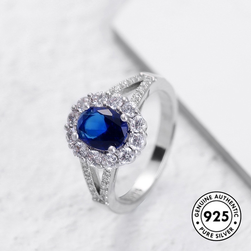 Cincin Sapphire Mewah Bahan S925 Silver