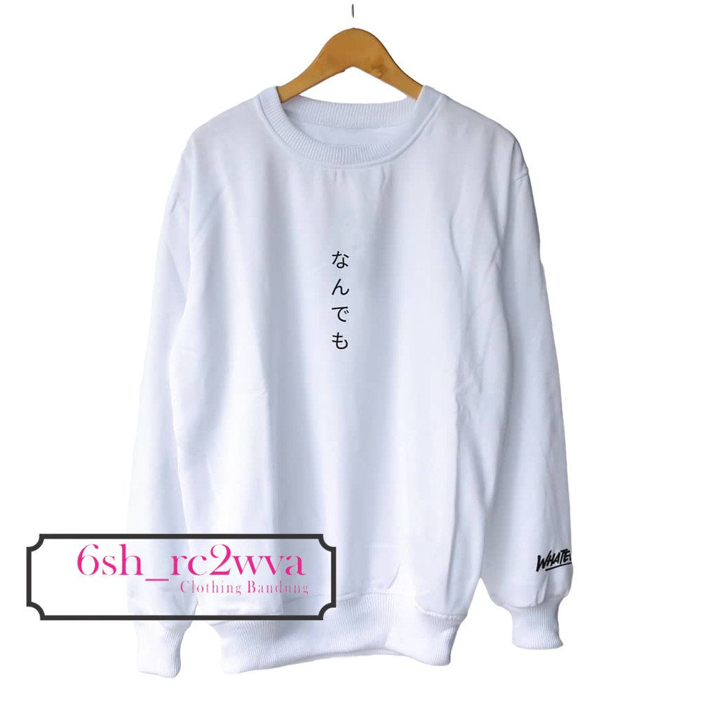 Sweater Hoodie Crewneck Pria Jumbo XXL kerah Tinggi Putih Sablon Whatever Jepang