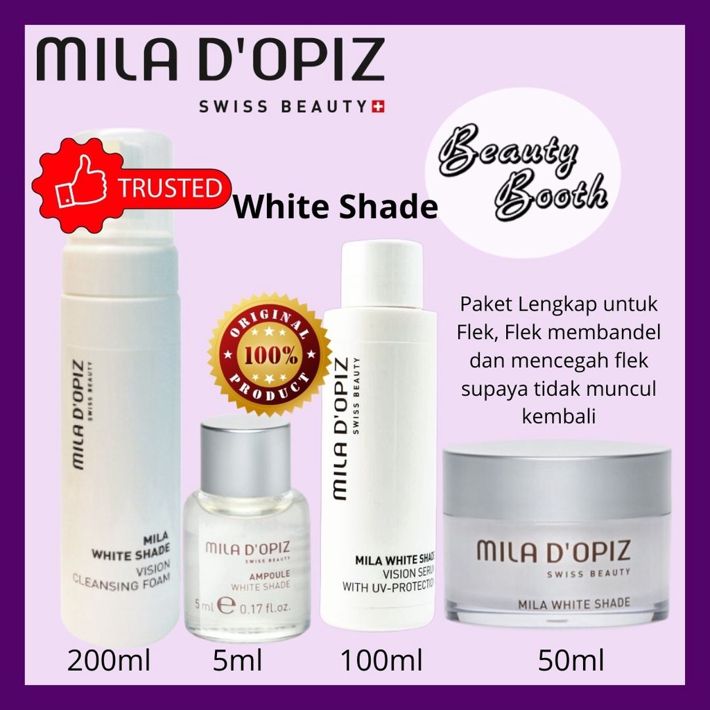 MILADOPIZ White Shade LENGKAP MILA D’OPIZ PAKET FLEK ( Foam 200ml, Ampoule 5ml, Vision Serum 100ml BESAR, Cream 50ml )