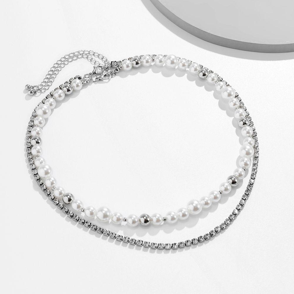 Agustina Pria Neckalce Shinny Unisex Mutiara Double-Layer Punk Berlian Imitasi Fashion Perhiasan