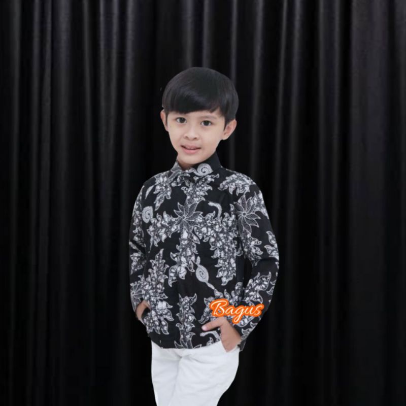 Baju Batik Anak Laki-Laki Lengan Panjang Kemeja Batik Anak Motif Godong Hitam Putih