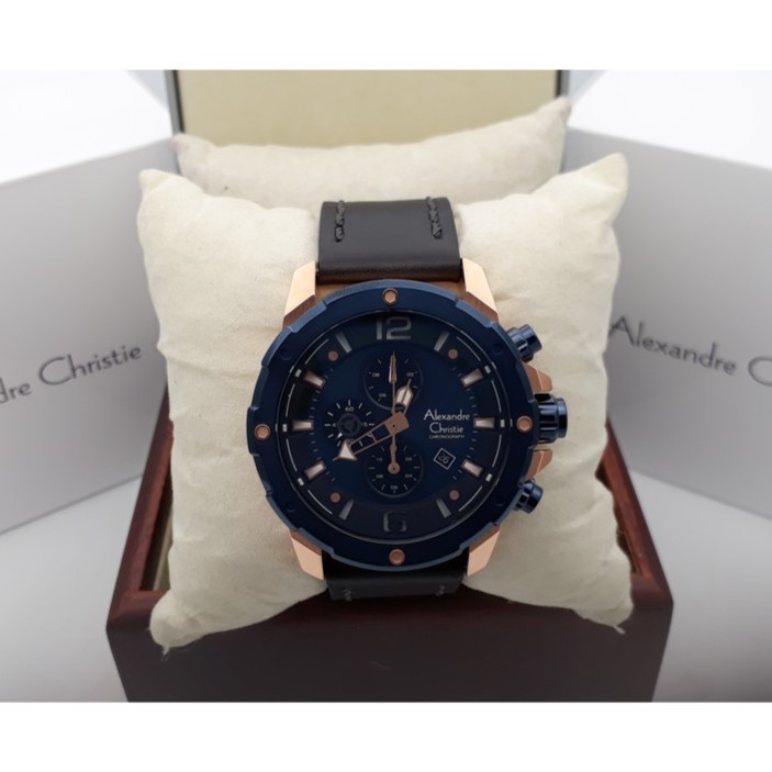 Alexandre Christie AC 6410 Rose Gold Blue Navy Leather Black for Men Original