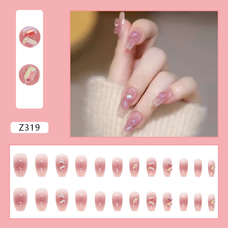 24pcs / Kotak Kuku Palsu Full Cover Aksen Berlian Imitasi Untuk Nail Art Z066-350