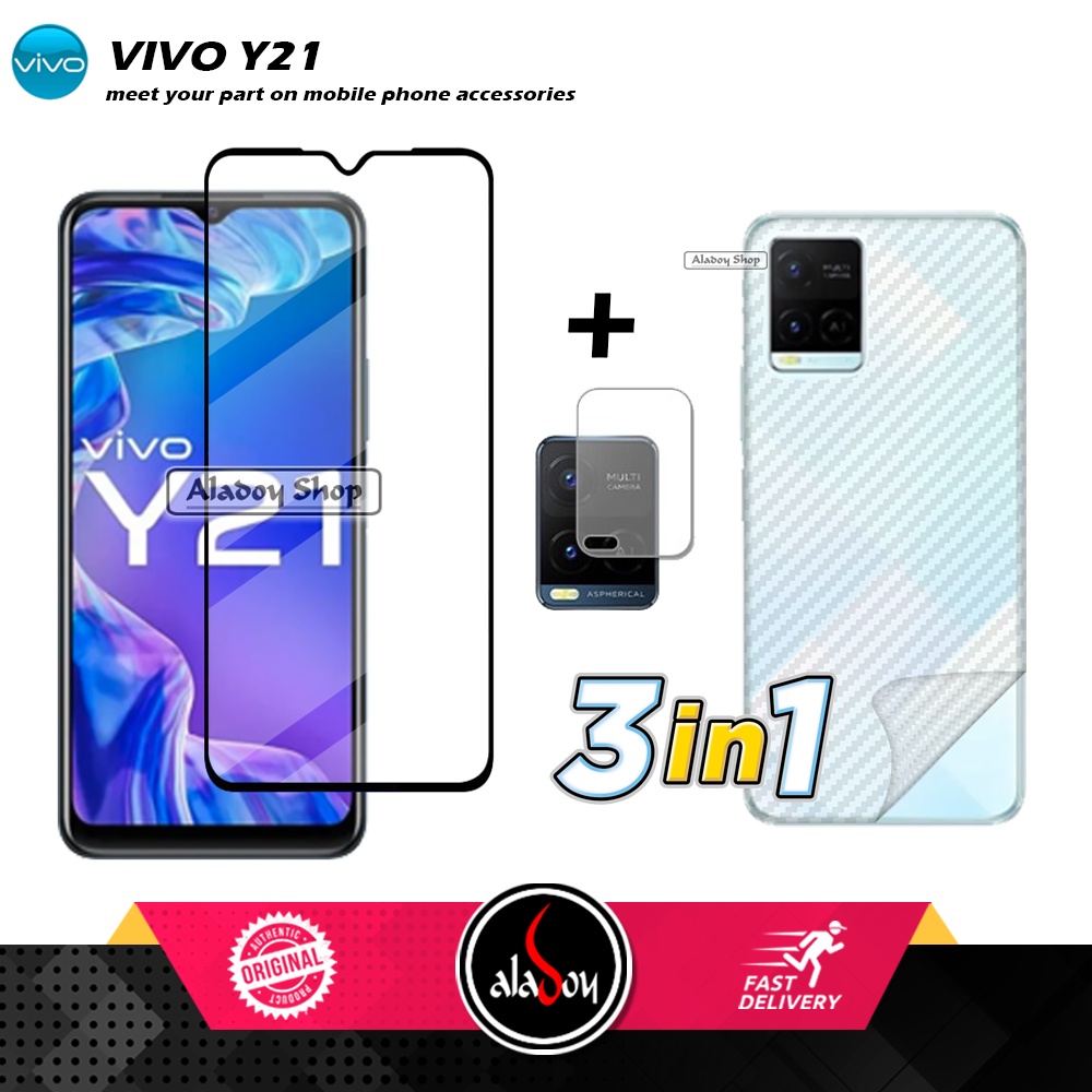 PAKET 3 IN 1 Tempered Glass VIVO Y21 Free Tempered Glass Camera dan Skin Carbon