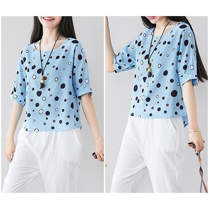 [baju wanita korea]  Baju Atasan Polkadot Wanita Blouse Korea Import Biru Orange