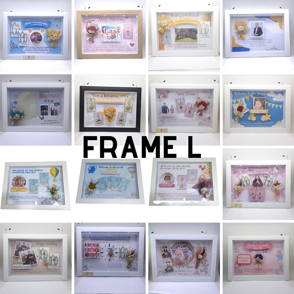 HAMPERS Gift CUSTOM Bingkai FRAME Mahar 3D  (TIDAK TERMASUK EMAS) Minigold / Hadiah / Kado Mahar variasi Minigold / Design Frame Birthday Wedding Newborn Baby Boy Girl Graduation