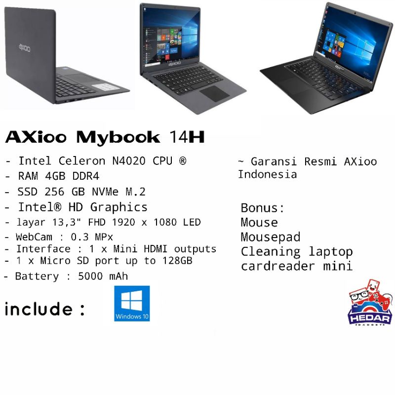 Axioo Mybook H14 Intel N4020 4GB SSD 256GB Intel Graphics W10 14 FHD
