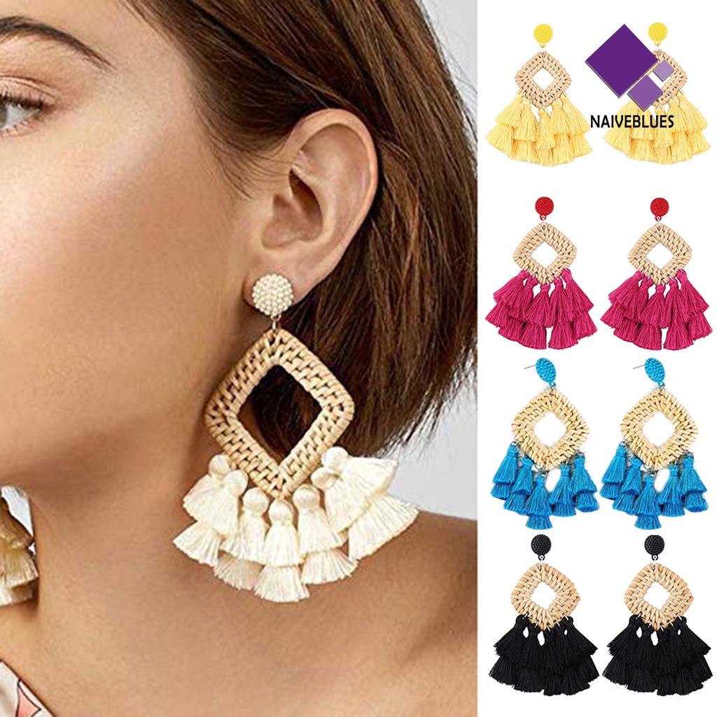 Anting Stud Juntai Bentuk Belah Ketupat Hollow Bahan Rotan Gaya Boho Untuk Wanita