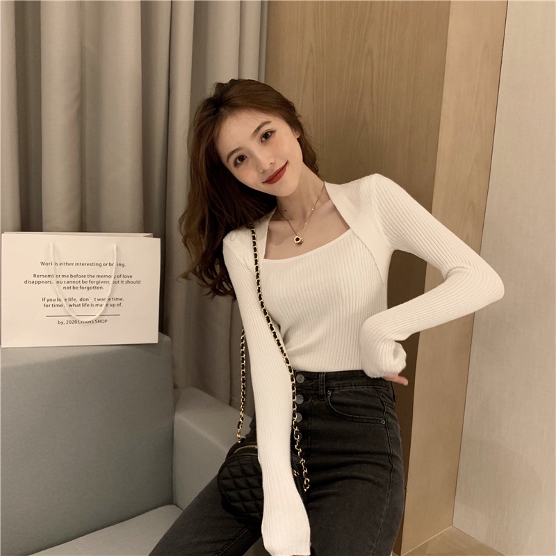 ZIAOZHAINV Korea Retro Solid Leher Persegi Rajutan Sweater Wanita