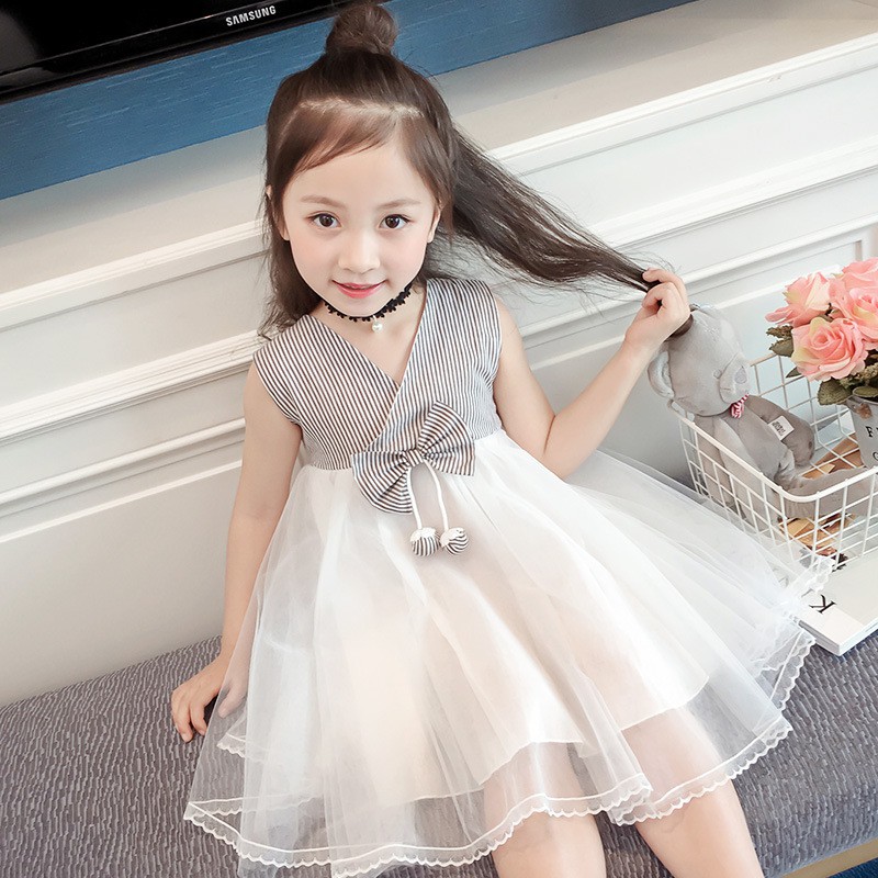 Dress Princess Korea Anak Perempuan Tanpa Lengan Bahan Katun Aksen Pita Simpul untuk Musim Panas