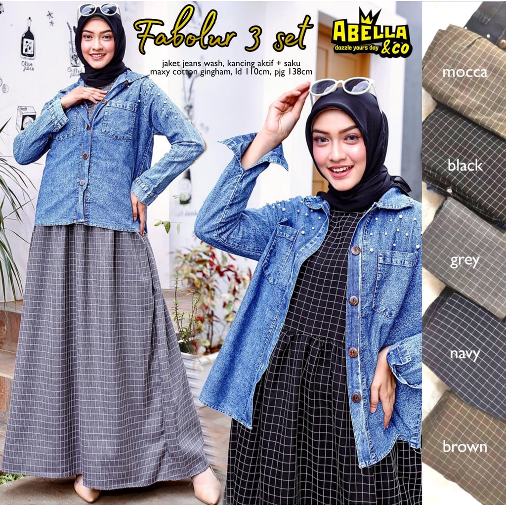 FABOLUR SET #3 BY ABELLA | FABOLUR SETELAN #3 GAMIS + JAKET LD 110CM BAHAN KATUN GINGHAM DAN JEANS