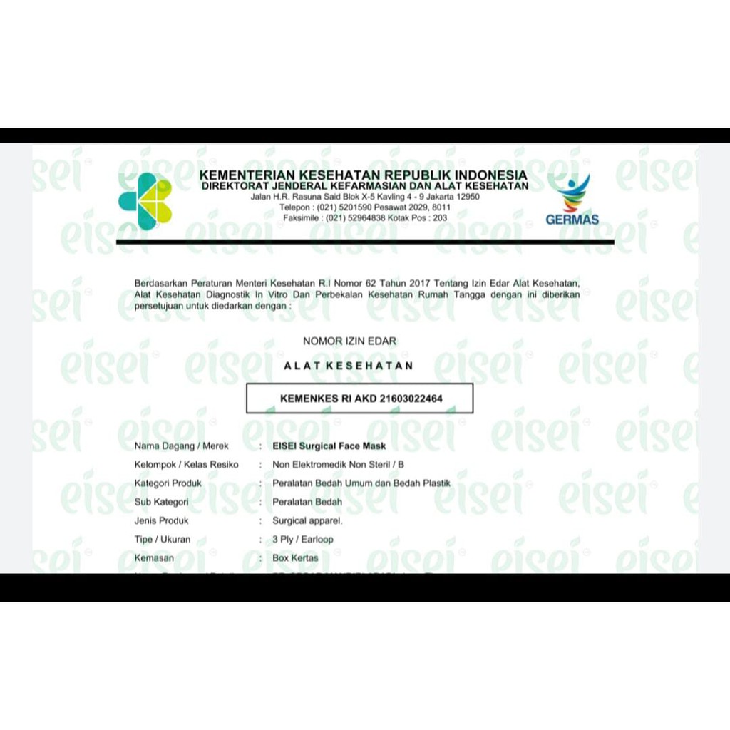 Masker Medis EISEI - 3 Ply Surgical Mask (Earloop) TERMURAH