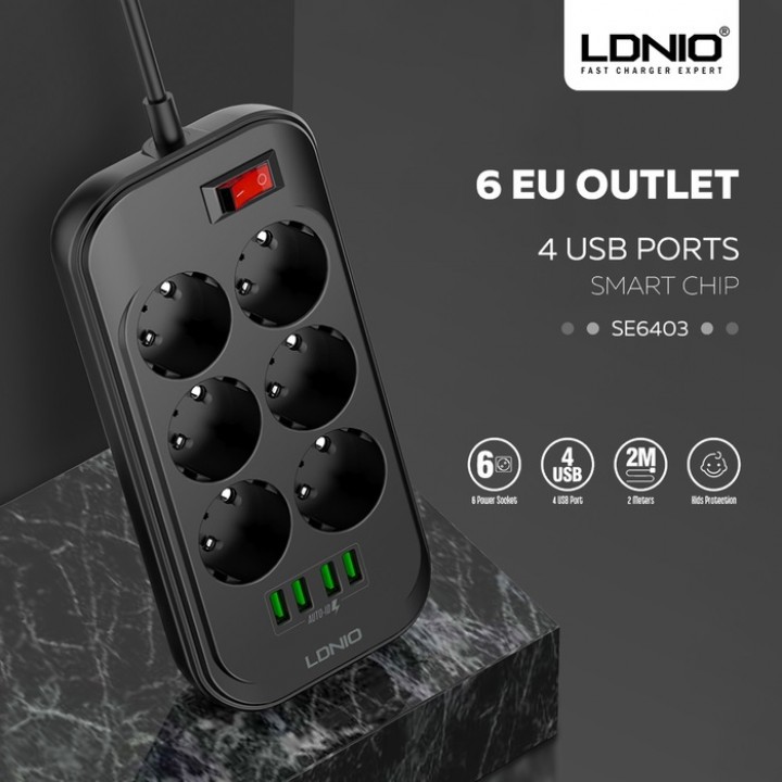 LDNIO SE6403 - DEFENDER Series - 6 EU Outlet Power Socket &amp; 4 USB Port