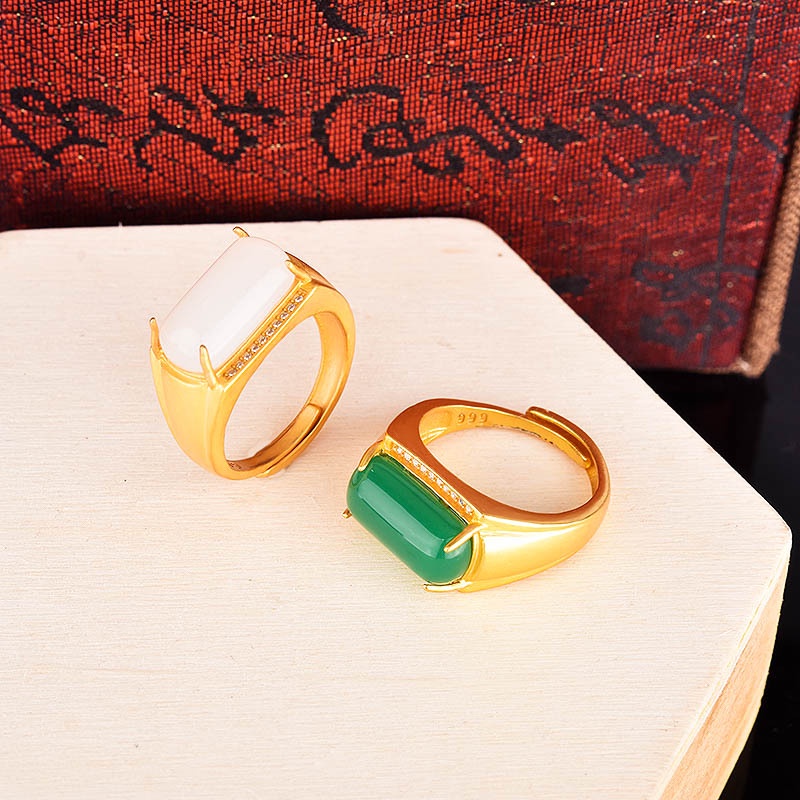 Goldkingdom Perhiasan Fashion Emas Asli Kadar 375 Bangkok Aksesoris Ready Stock Heritage Berlapis Emas Cincin Giok Hetian Jasper Sadel Adjustable Ring Untuk Pria Dan Wanita