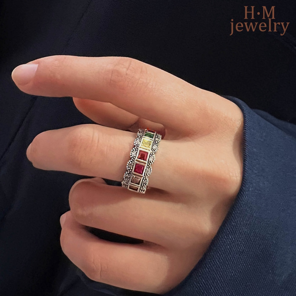 Cincin Model Terbuka Bahan Sterling Silver 925 Desain Renda Warna Pelangi Gaya Vintage Untuk Wanita