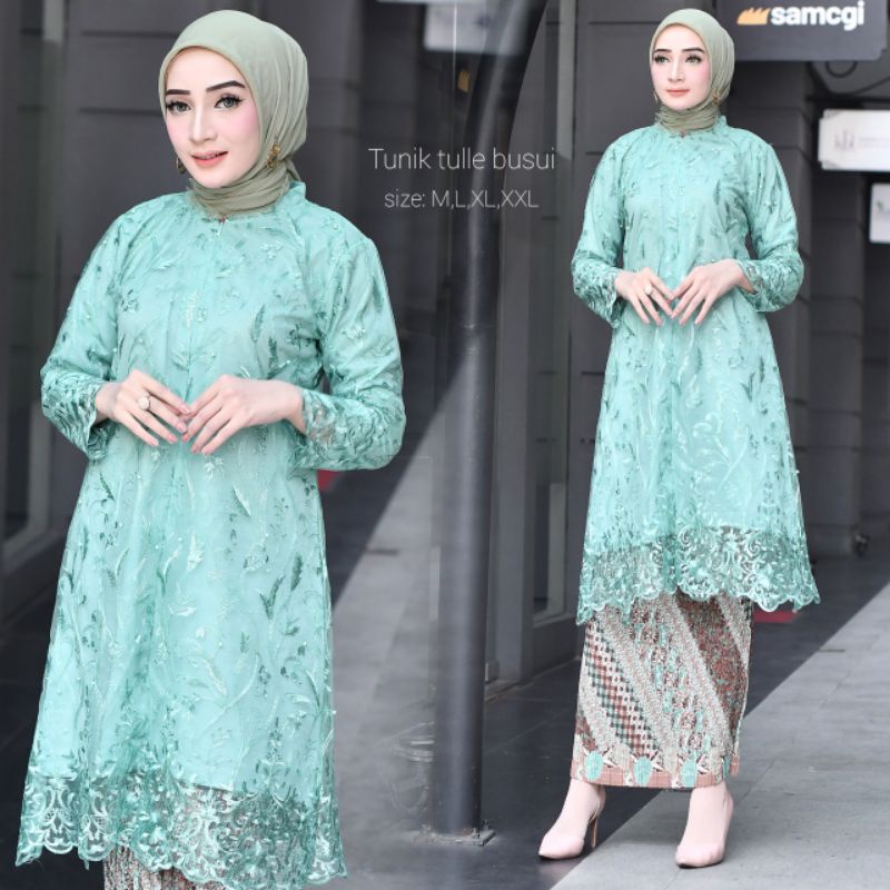 Setelan Kebaya Tunik BUSUI khayra Full Tulle Bordir Mutiara