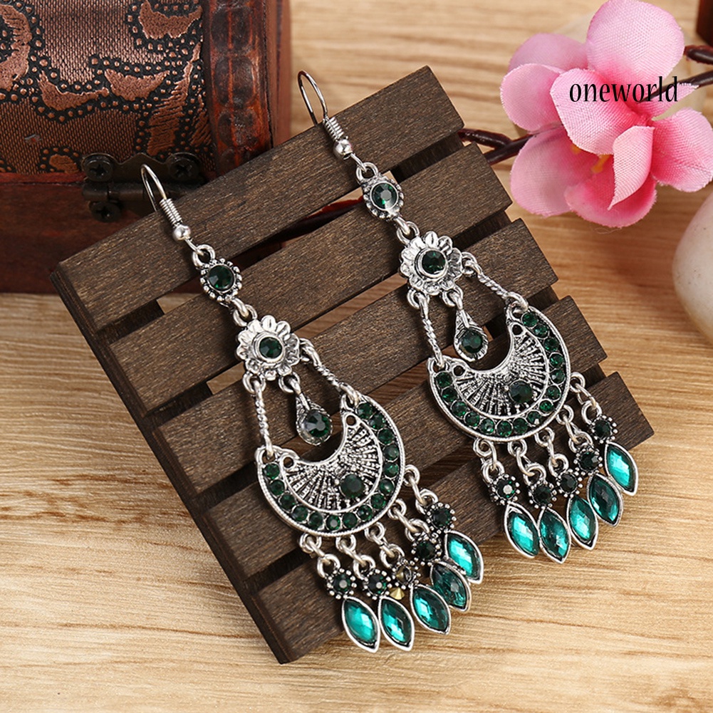 OW# Bohemian Women Rhinestone Crescent Moon Long Fringe Hook Earrings Jewelry Gift