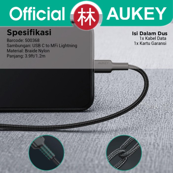 Aukey Cable CB-CL1 Braided Nylon MFi USB C to Lightning 1,2m