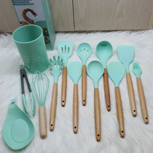 13 Spatula set untensil kayu sutil sodet centong whisk tongs kuas mint AS