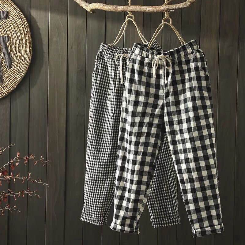  Celana  Kasual Model Longgar Motif Kotak  Kotak  Bahan  Katun  