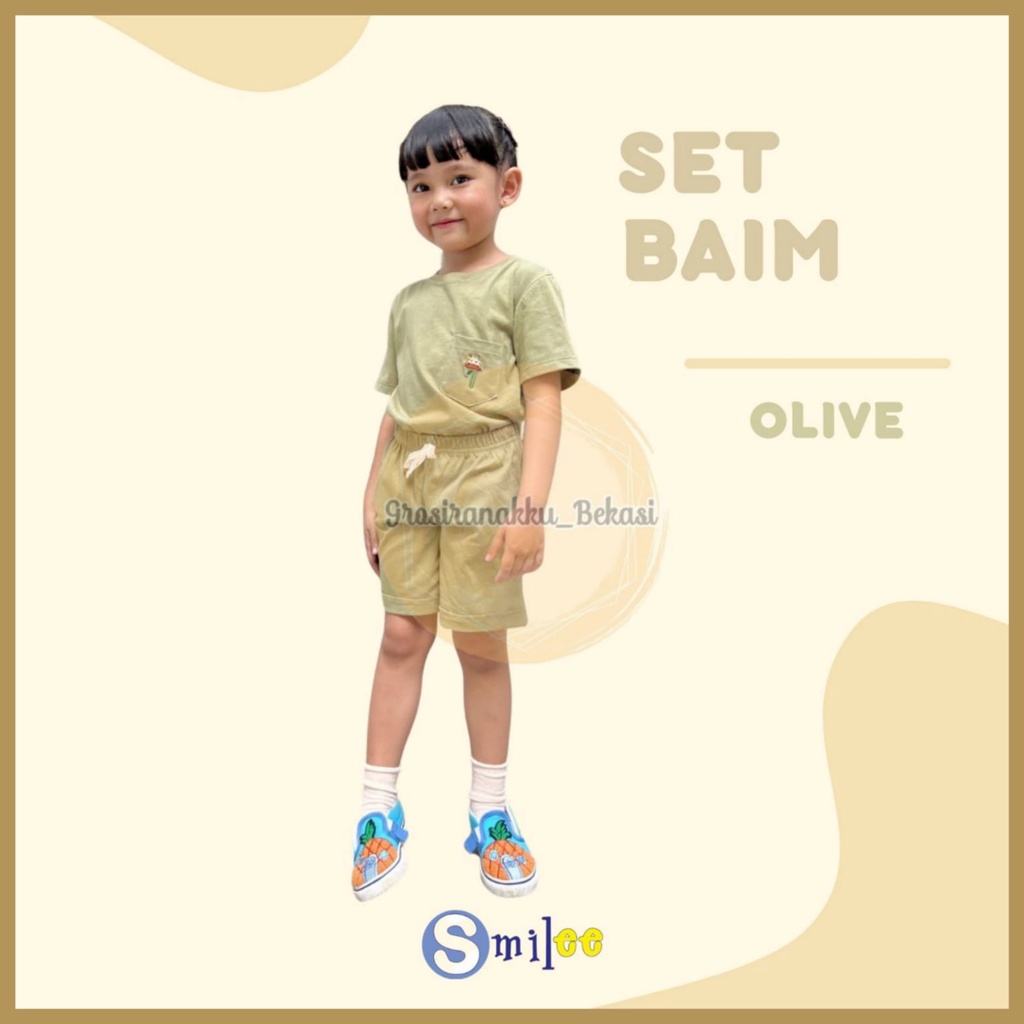 Setelan Anak Unisex Baim Smilee Warna Olive Size 1-5 Tahun