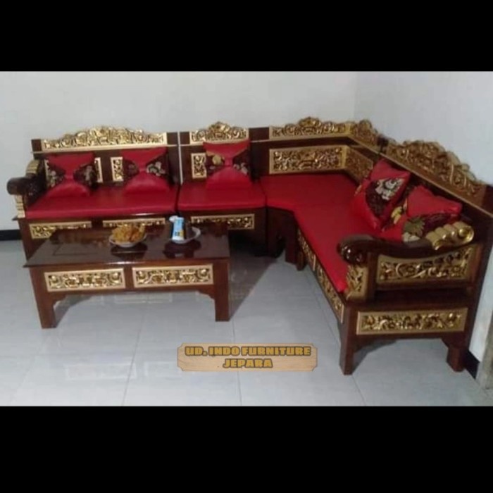 furjitur jati 1 set meja kursi ruang tamu kayu jati busa bantal/ sofa ukir Jepara