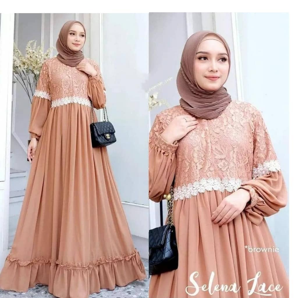 SELENA LACE MAXI Kain CERUTY BABYDOLL FULL PURING MIX BRUKAT RENDA Tersedia Warna : GREY, MINT, DUSTY, GOLD, BROWNIE UKURAN ONE SIZE ( SATU UKURAN ) LINGKAR DADA BAJU -/+ 112 CM PANJANG BAJU -/+ 141 CM PANJANG TANGAN -/+ 57 CM