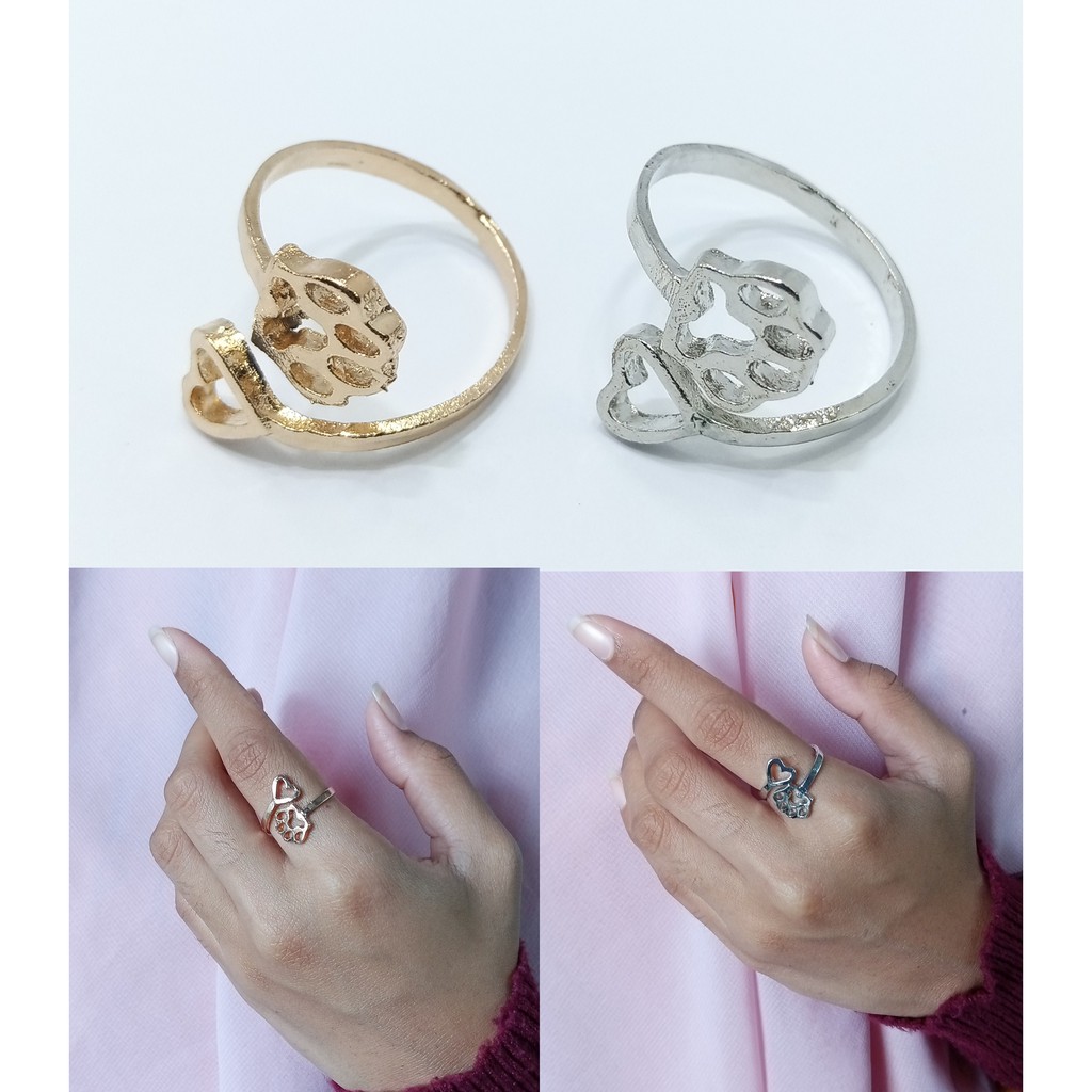 Cincin Model Terbuka Desain Telapak Kucing Dan Hati