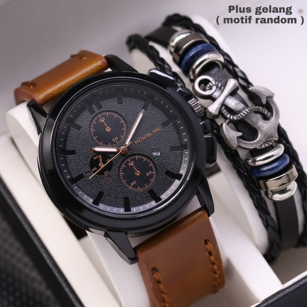 Jam Tangan Pria Montblanc M2857Tl Tanggal Aktif Kulit Free Gelang, Box & Baterai