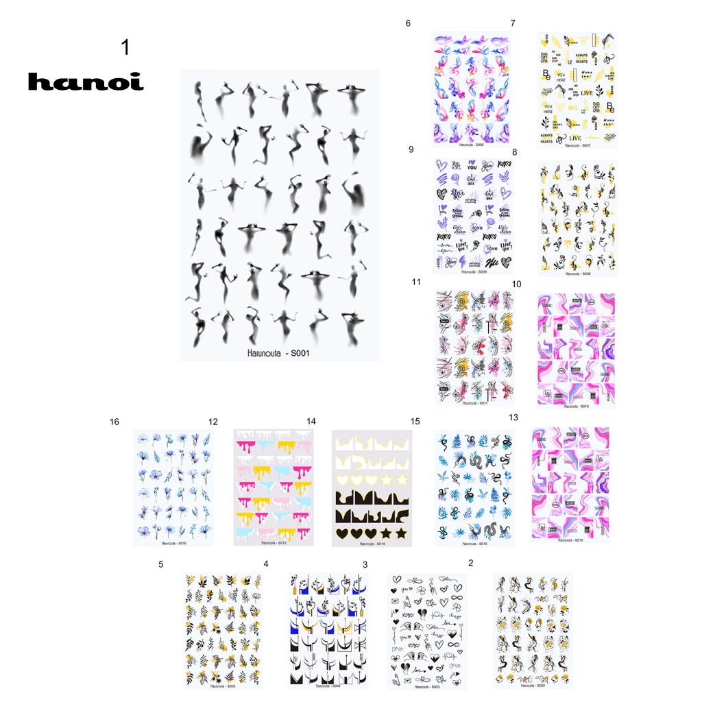 Han_ Stiker Kuku Motif Bunga / Daun / Geometri Warna Hitam / Putih Untuk Nail Art