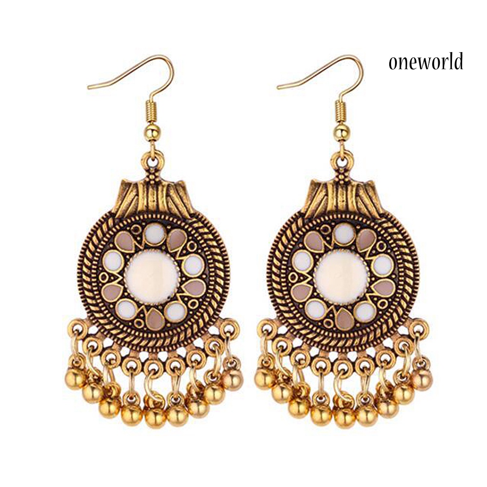 OW@ Women Ethnic Tassel Disc Flower Bead Pendant Long Dangle Hook Earring Jewelry