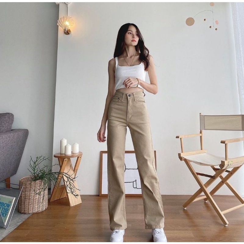 (27-30) PEANUT HW STRETCHY LOOSE JEANS / KHAKI HW STRETCH LOOSE JEANS / CELANA HIGHWAIST LOOSE JEANS WANITA CEWEK