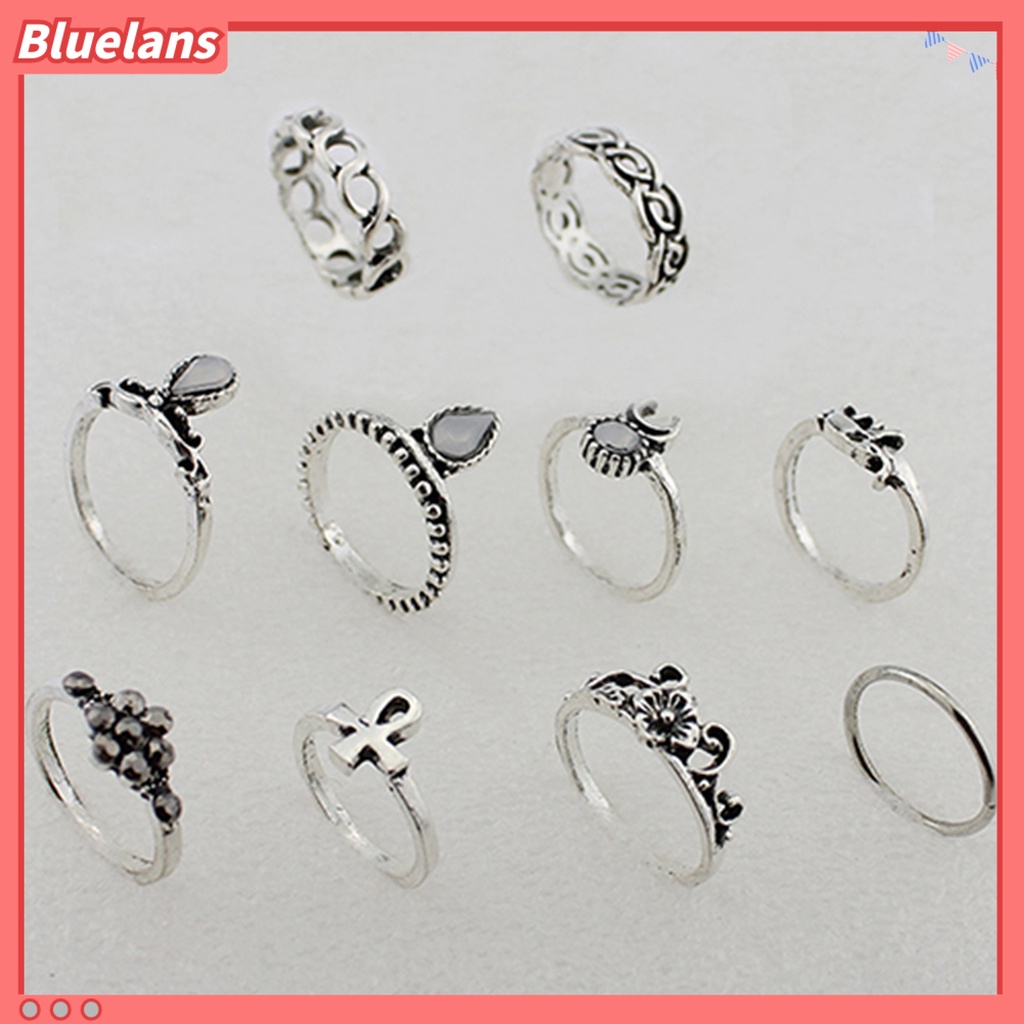 Bluelans 10Pcs Knuckle Finger Rings Vintage Anti-rust Flower Hollow Women Jewelry