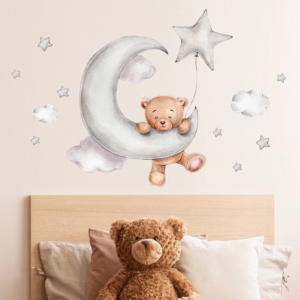 [ Creative Cartoon bear moon clouds stars wall stickers decoration for Home Living Room Children's Room Background ]