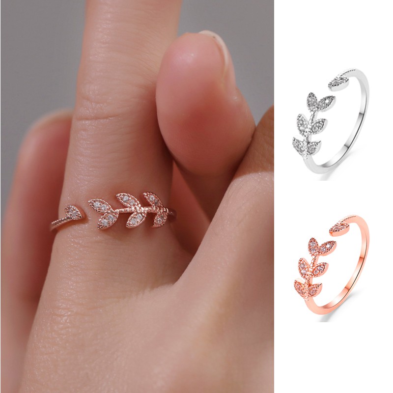 Cincin Wanita Korea sederhana ring berlian imitasi daun rings