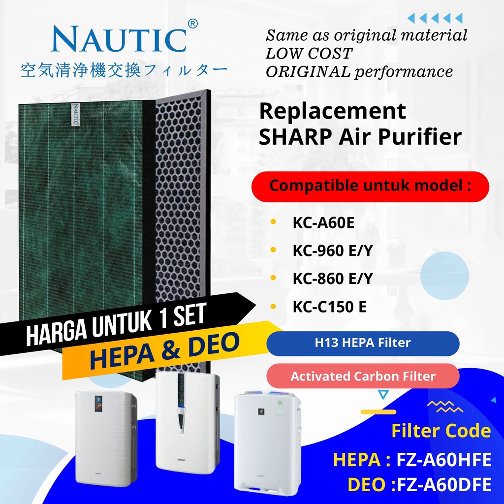 NAUTIC - Compatible SHARP HEPA + DEO FZ-A60HFE buat KC-A60E /T KC-860E /T KC-C150E /T