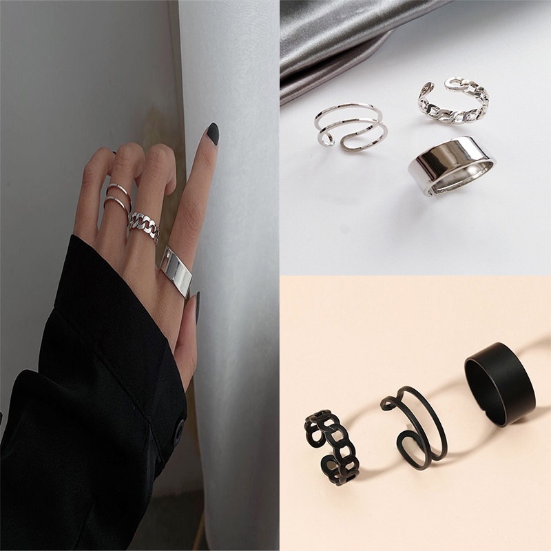 3pcs / Set Cincin Model Terbuka Dapat Disesuaikan Warna Hitam Silver Gaya Punk Korea Untuk Pria Dan Wanita